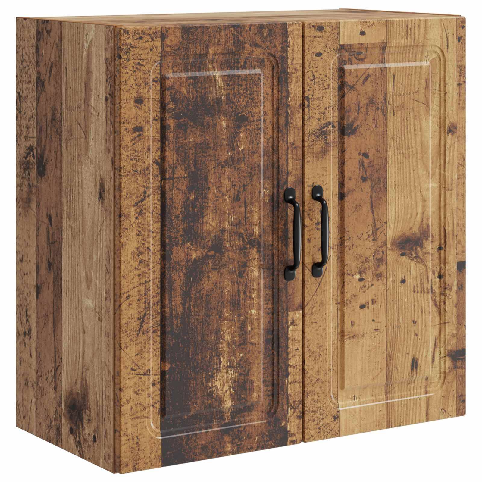 Holzschrank mit zwei Türen, rustikale Vintage-Optik mit Gebrauchsspuren und schwarzen Griffen vor weißem Hintergrund.