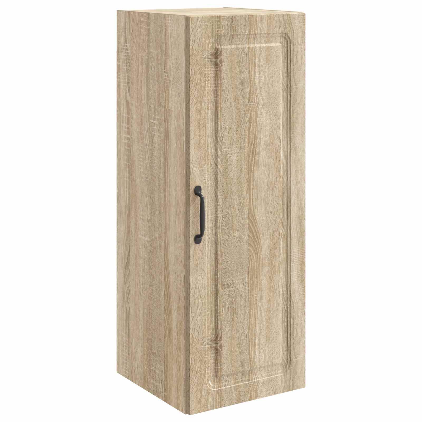 Hoher heller Holz-Lagerschrank mit einer Tür und schwarzem Griff auf weißem Hintergrund.