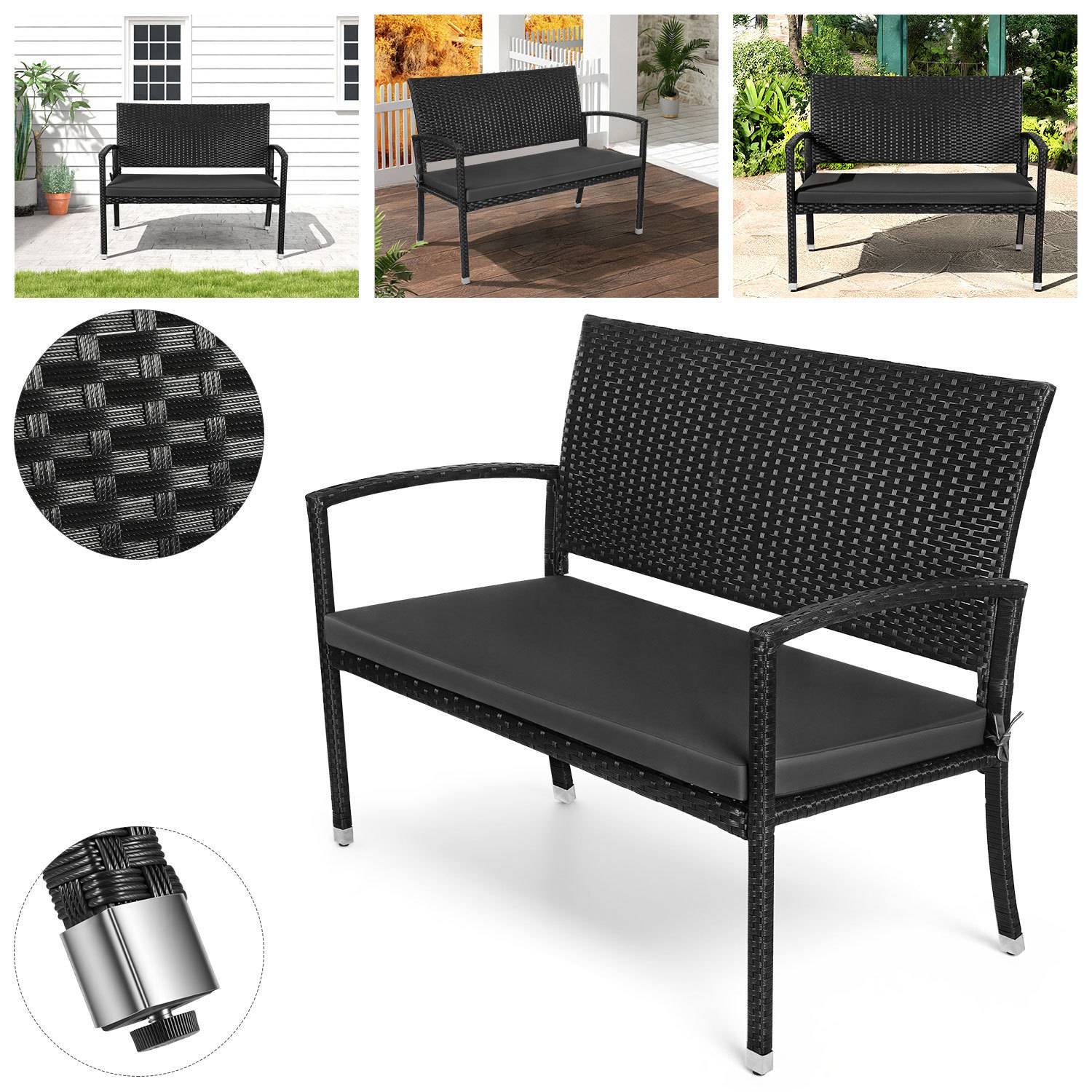 Polyrattan Gartenbank Schwarz 2-Sitzer mit Auflage, Outdoor Sitzbank für Veranda Balkon Terrasse