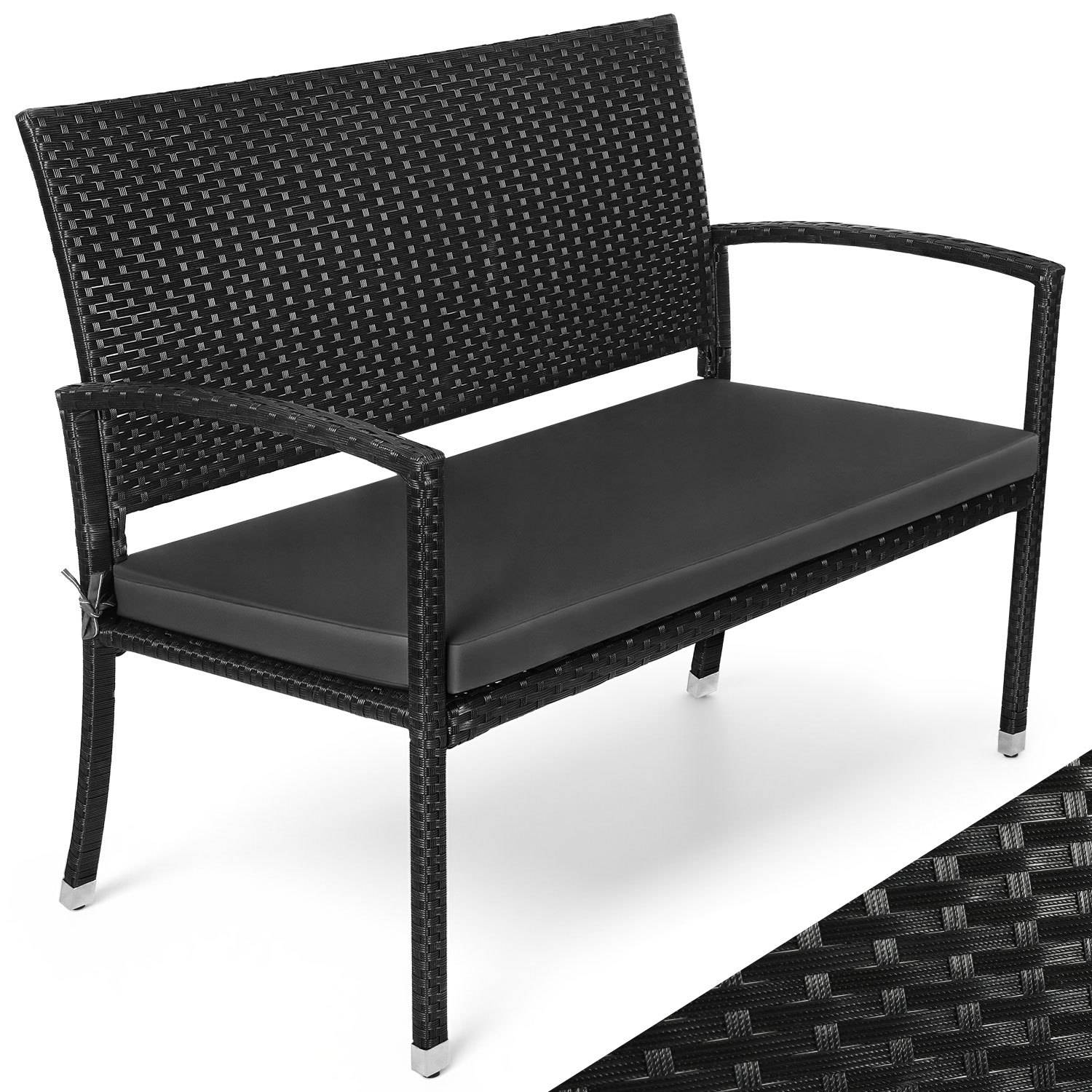 2-Sitzer Gartenbank Polyrattan Schwarz mit Sitzkissen, Balkonbank Outdoor für Garten Terrasse