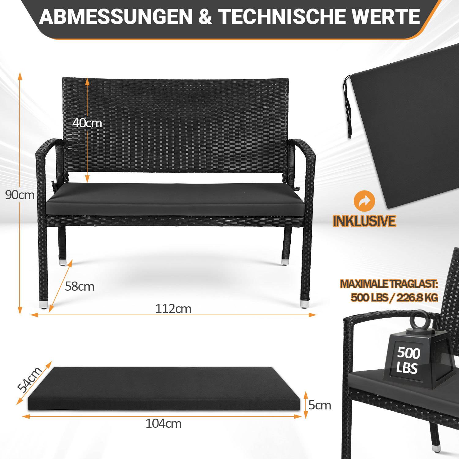 2-Sitzer Gartenbank Polyrattan Schwarz mit Sitzkissen, Balkonbank Outdoor für Garten Terrasse