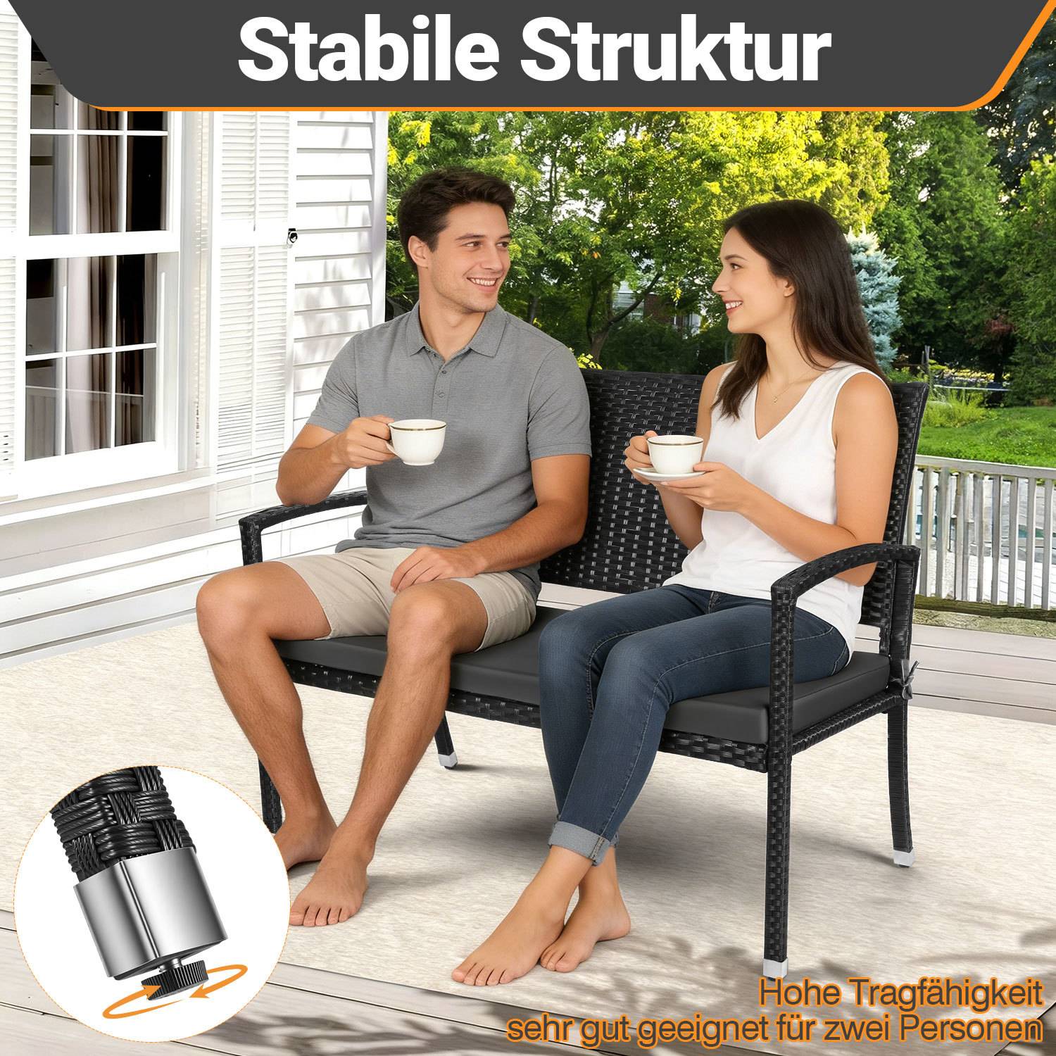 Polyrattan Gartenbank Schwarz 2-Sitzer mit Auflage, Outdoor Sitzbank für Veranda Balkon Terrasse