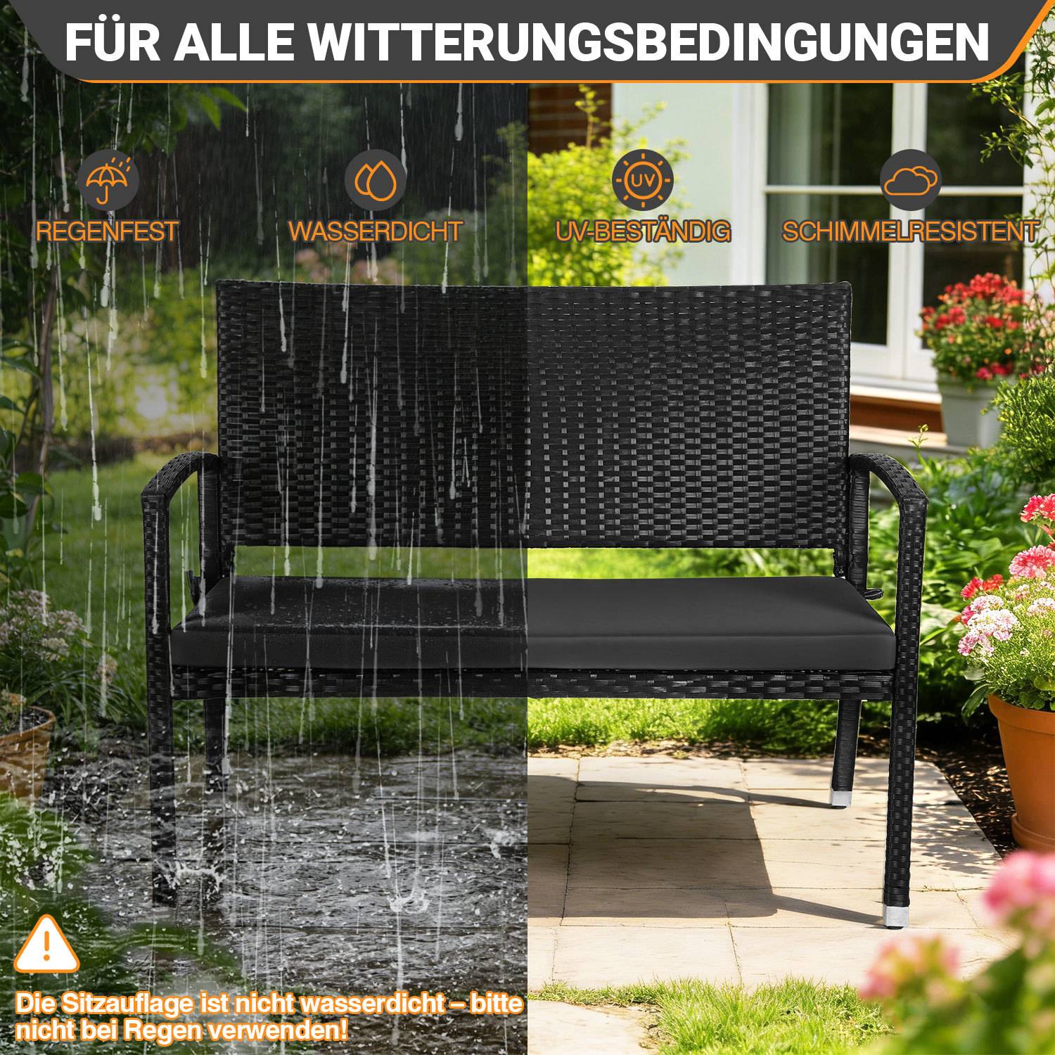2-Sitzer Gartenbank Polyrattan Schwarz mit Sitzkissen, Balkonbank Outdoor für Garten Terrasse
