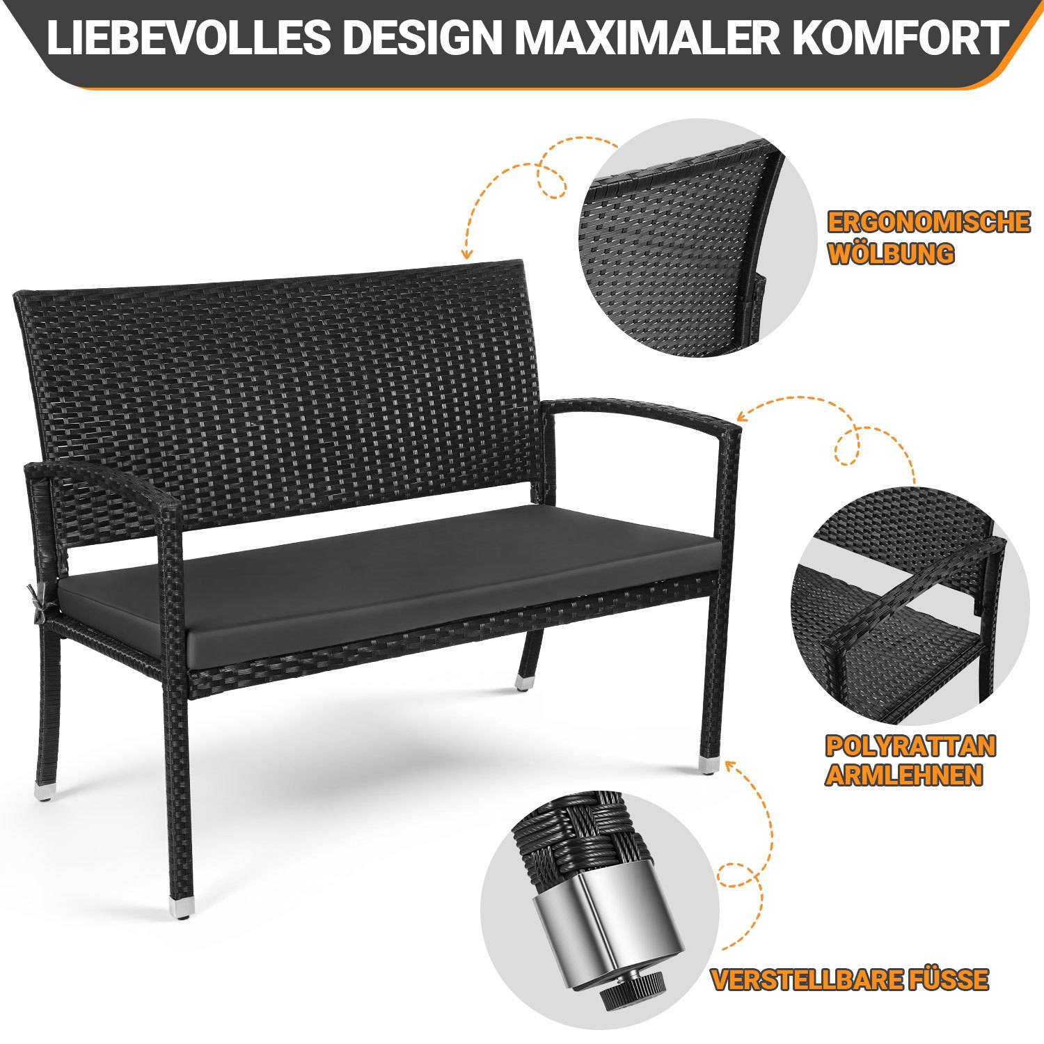 2-Sitzer Gartenbank Polyrattan Schwarz mit Sitzkissen, Balkonbank Outdoor für Garten Terrasse