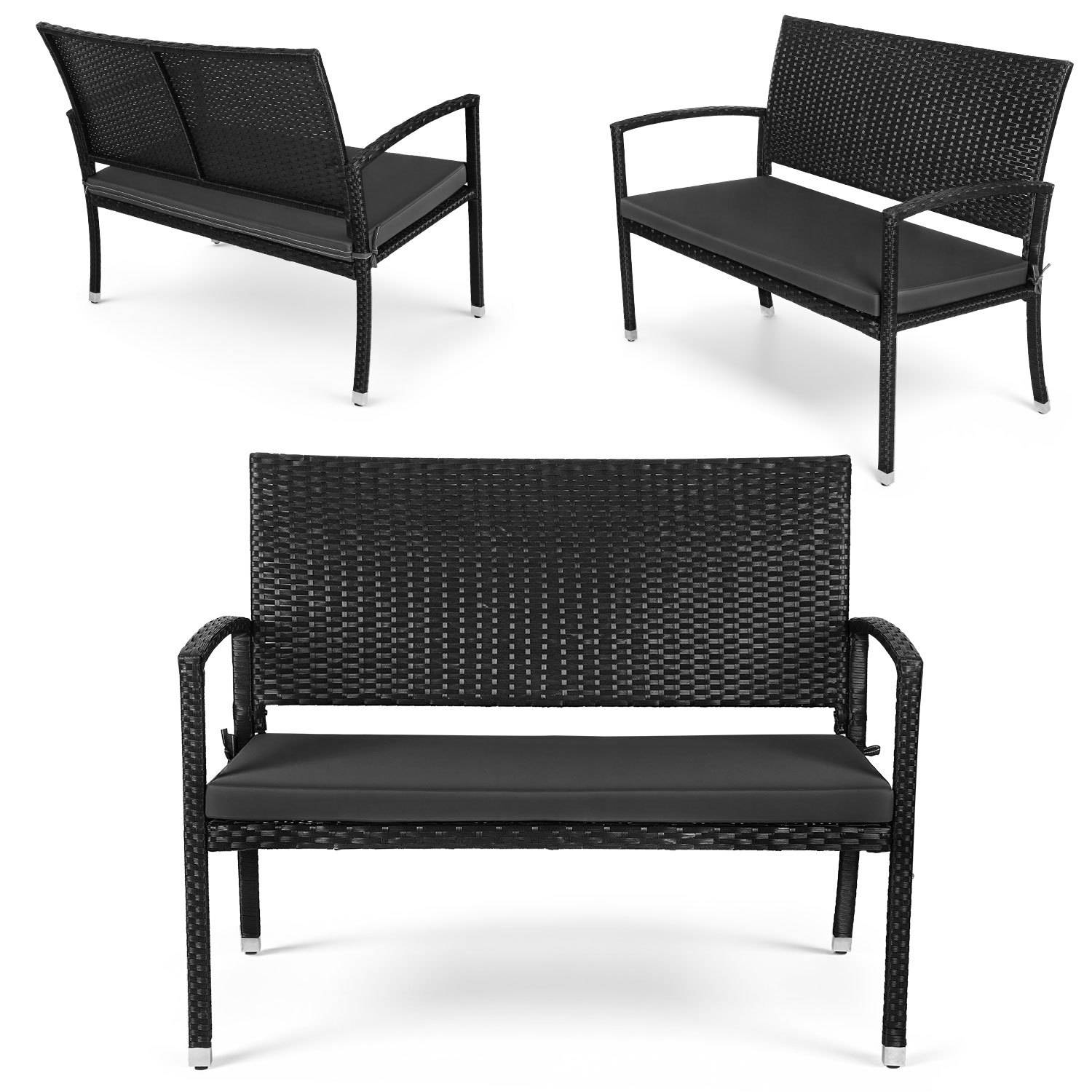 Gartenbank 2 Personen Schwarz Rattan-Optik mit Polster, Sitzbank für Balkon Terrasse Garten