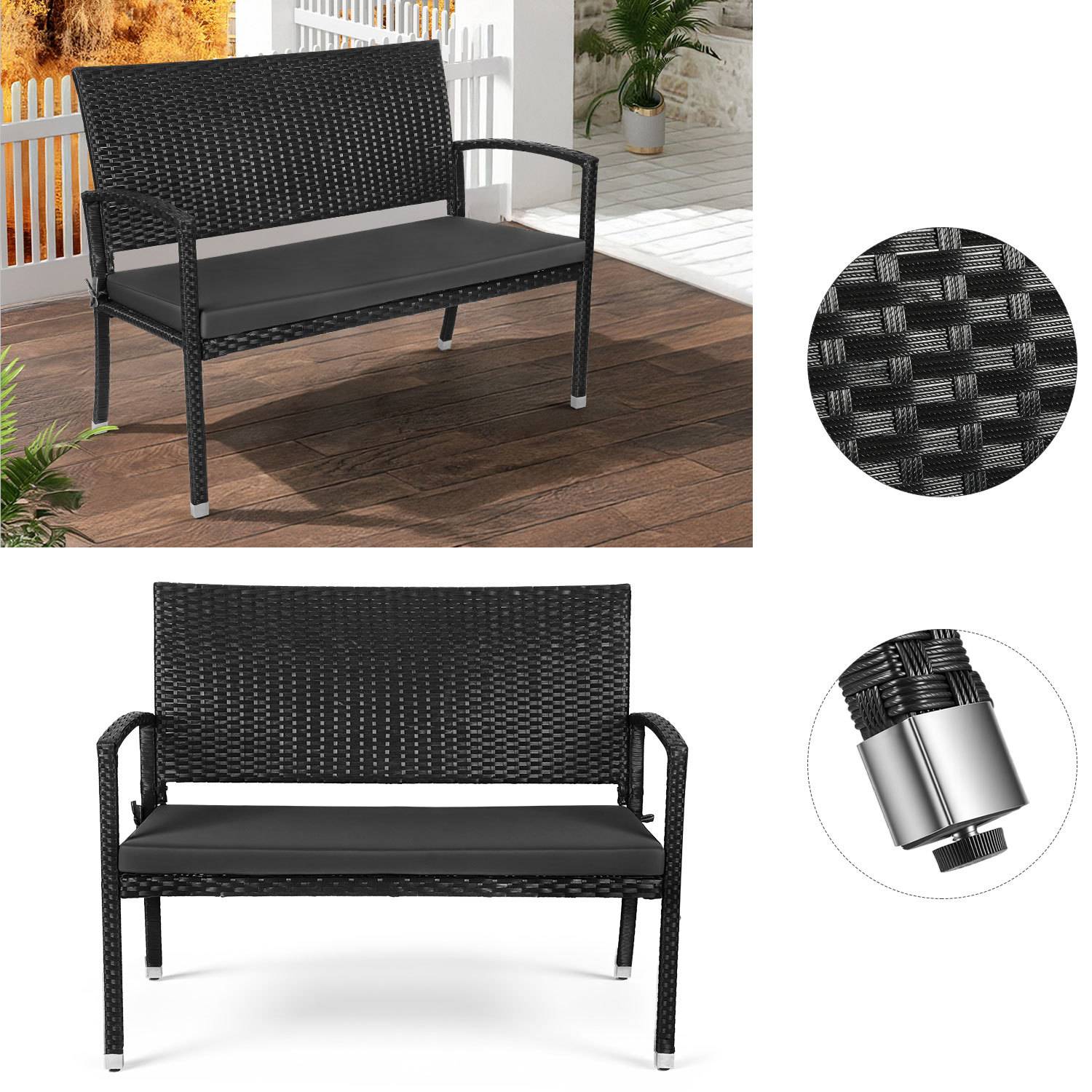 Polyrattan Gartenbank Schwarz 2-Sitzer mit Auflage, Outdoor Sitzbank für Veranda Balkon Terrasse