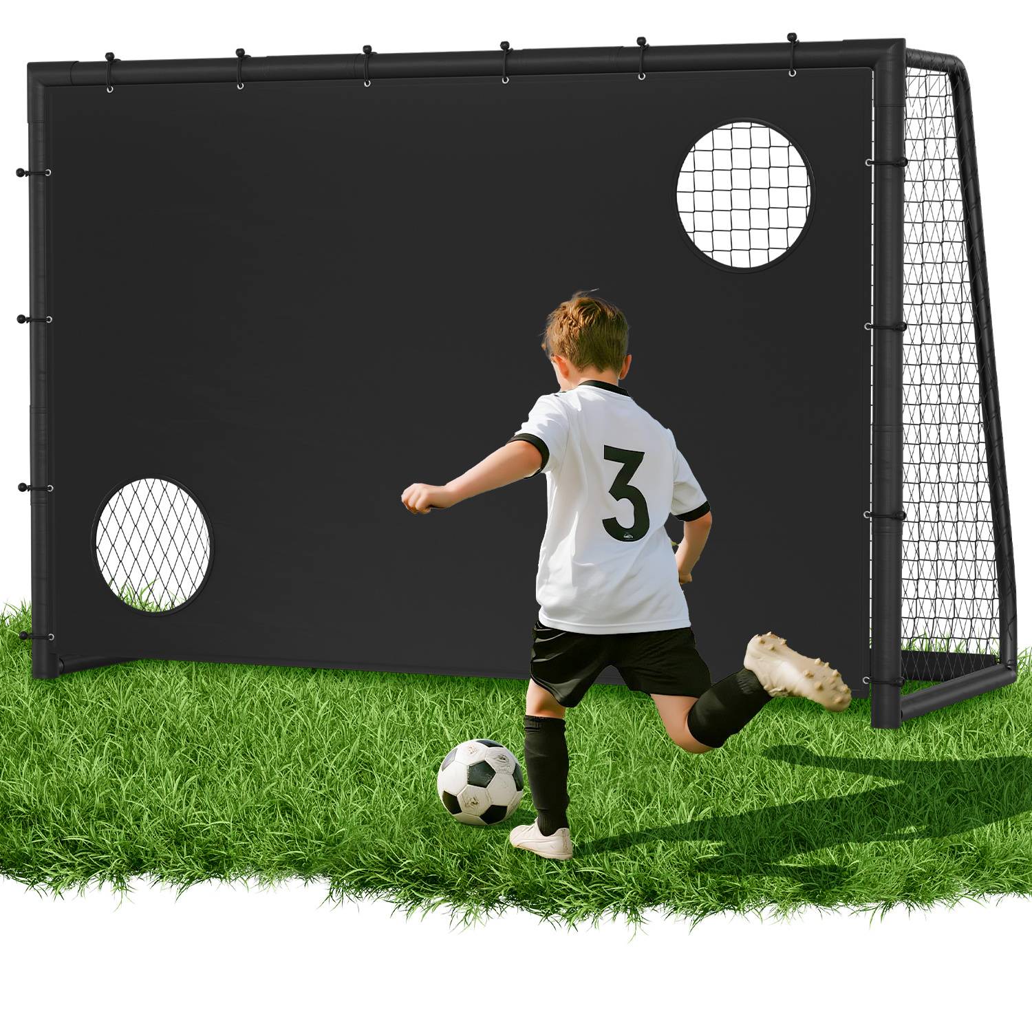 Fußballtor 300 x 200 x 120 cm – Großes Fußballtor aus Metall mit Torwand & Netz, für Garten, Training & Outdoor, Schwarz