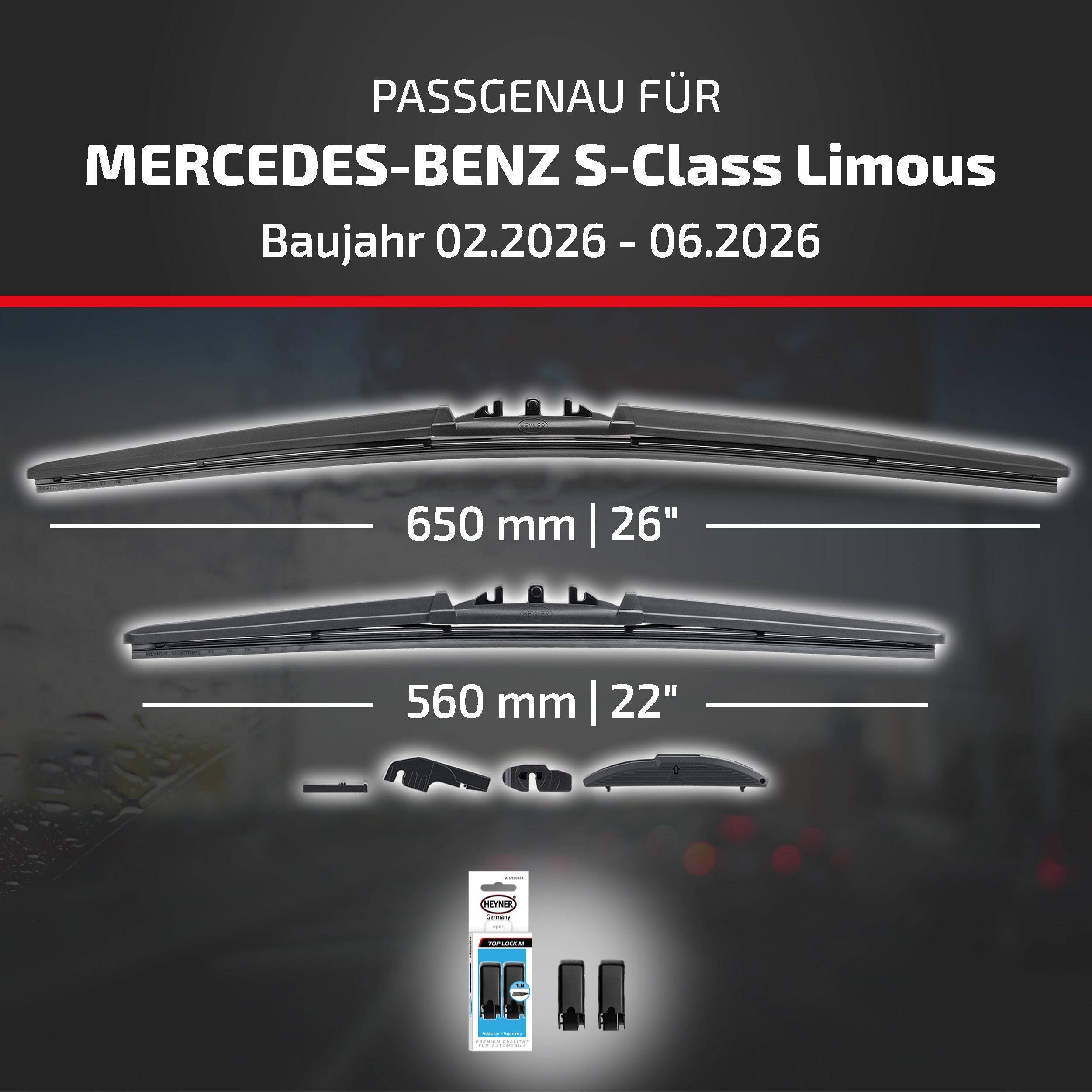 HEYNER® Scheibenwischer für MERCEDES-BENZ S-Class Limousine (02.2026 - 08.2026) HYBRID Flachbalkenwischer