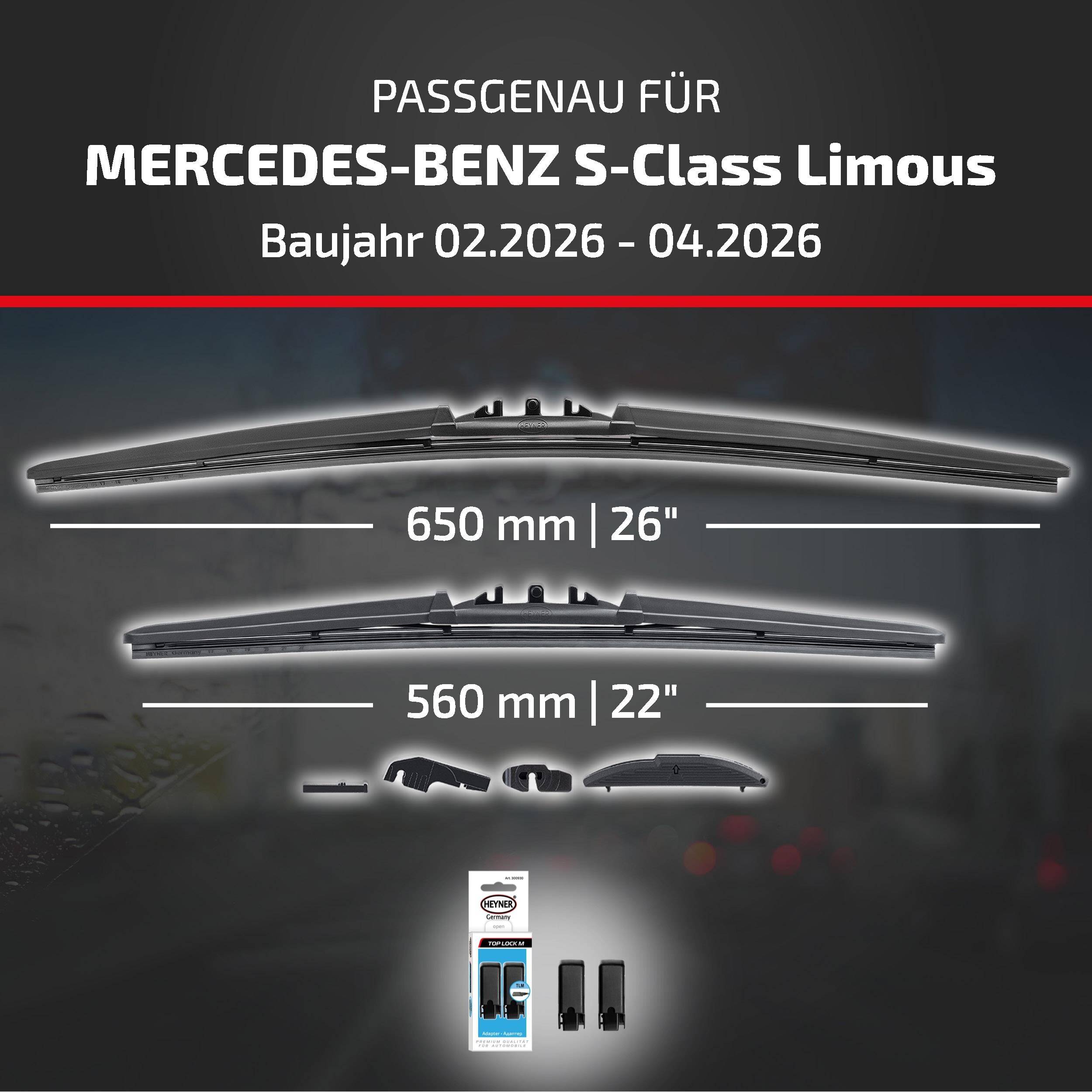 HEYNER® Scheibenwischer komp. mit MERCEDES-BENZ S-Class Limousine (02.2026 - 05.2026) HYBRID Flachbalkenwischer