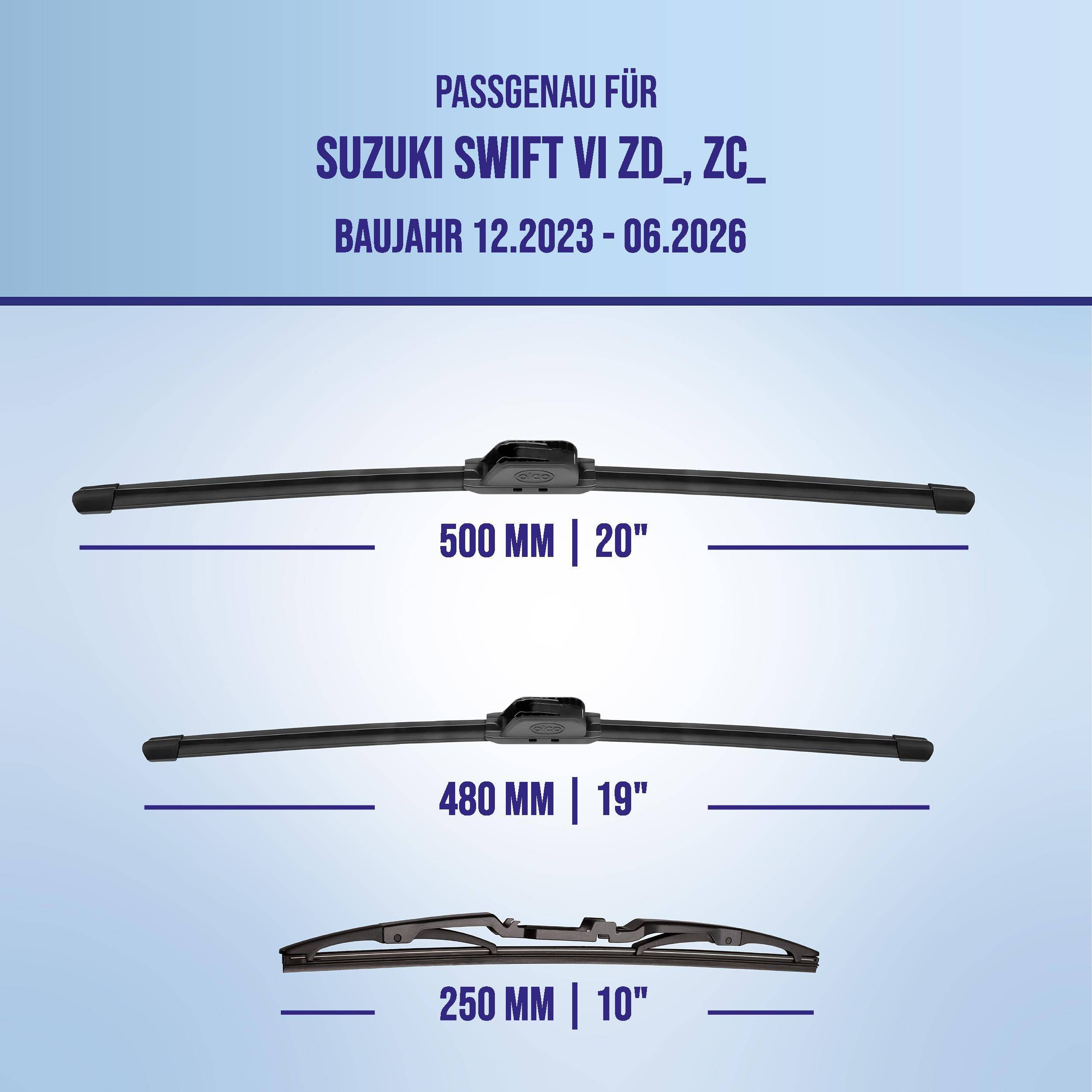 Kompatibilitätstabelle für Suzuki Swift VI ZD_/ZC_, Modelljahre 12.2023-06.2026, zeigt Scheibenwischergröße 500 mm (20