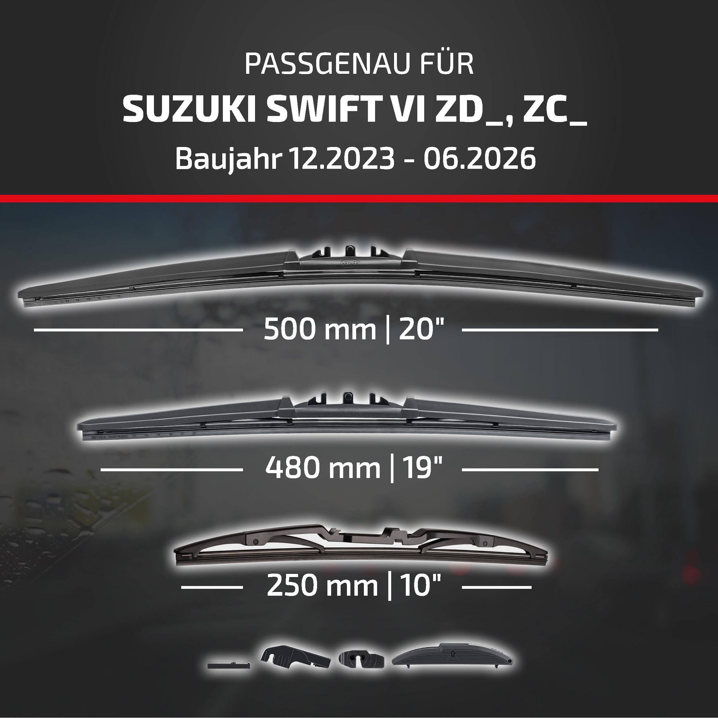 HEYNER® Scheibenwischer Komplettset für SUZUKI SWIFT VI (12.2023 - 08.2026) HYBRID Flachbalkenwischer