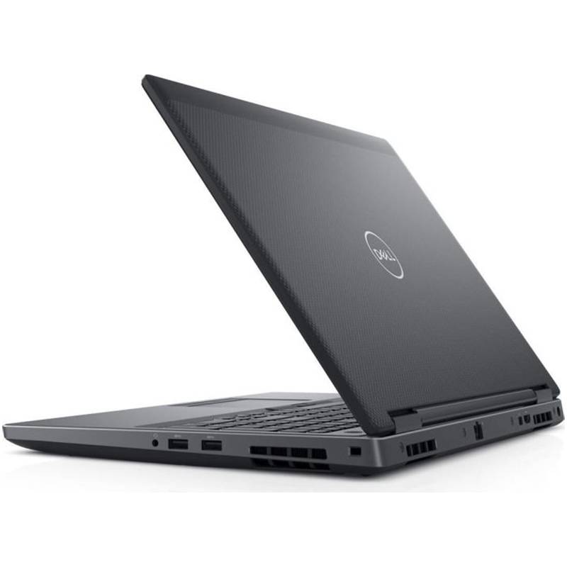 Offener Dell-Laptop in Seitenansicht auf weißem Hintergrund, mit Betonung auf Tastatur, Scharnier und Anschlüsse.
