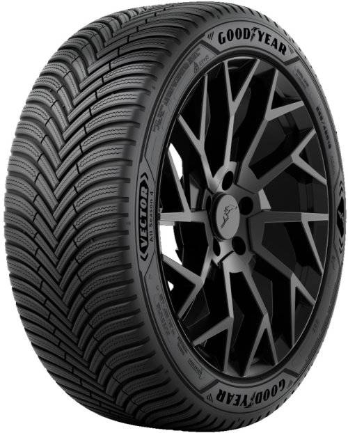 Schwarzer Goodyear Vector 4Seasons-Reifen auf einer schwarzen Leichtmetallfelge, dargestellt in einer Studioansicht vor weißem Hintergrund.