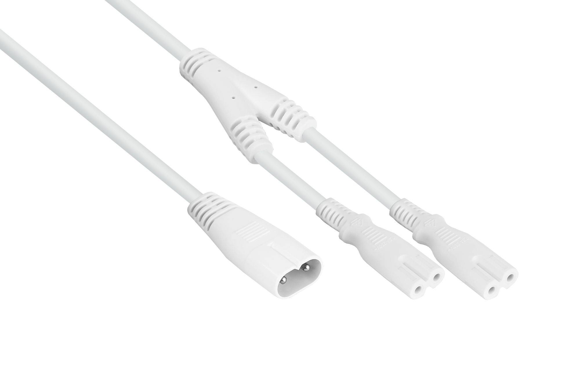 kabelmeister® Splitter-Netzkabel Stecker C8 (gerade) an 2x Buchse C7 / Euro 8 (gerade), weiß, 0,75 mm², 0,3m / 30cm