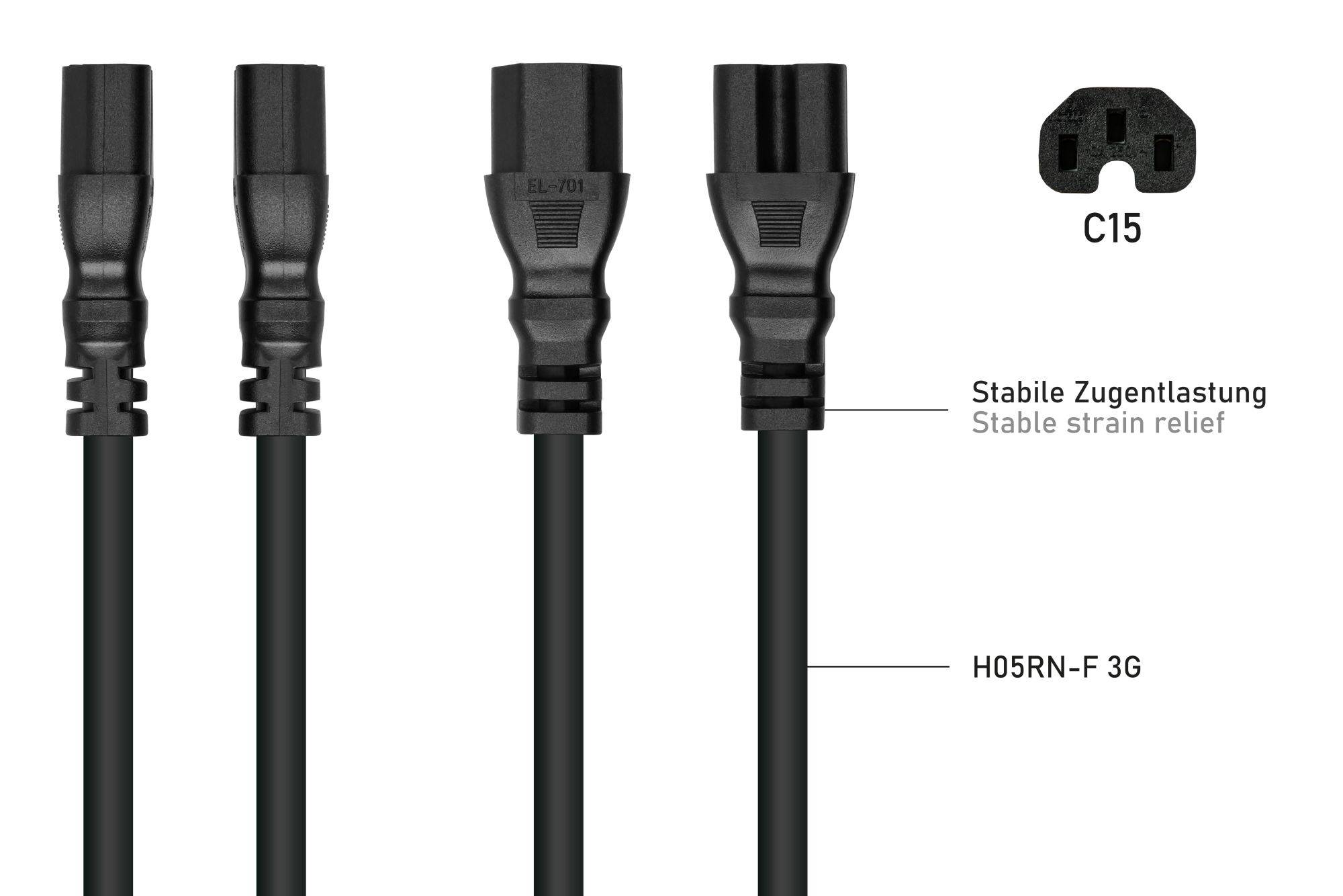 kabelmeister® Kaltgeräte-Warmgeräte-Verbindungskabel C14 (gerade) an C15 (gerade), schwarz, 1,00mm², 1m