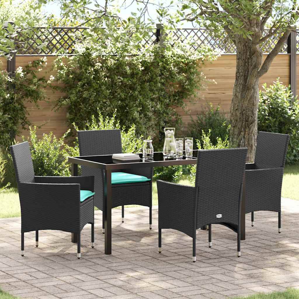 vidaXL Tisch- und Stuhlset mit Kissen 5 pcs Schwarz PE-Rattan