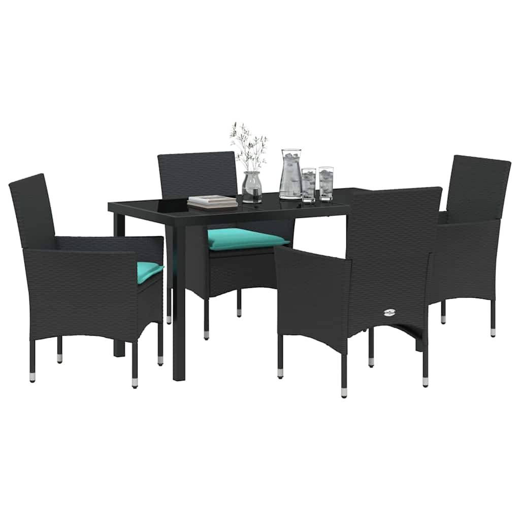 vidaXL Tisch- und Stuhlset mit Kissen 5 pcs Schwarz PE-Rattan