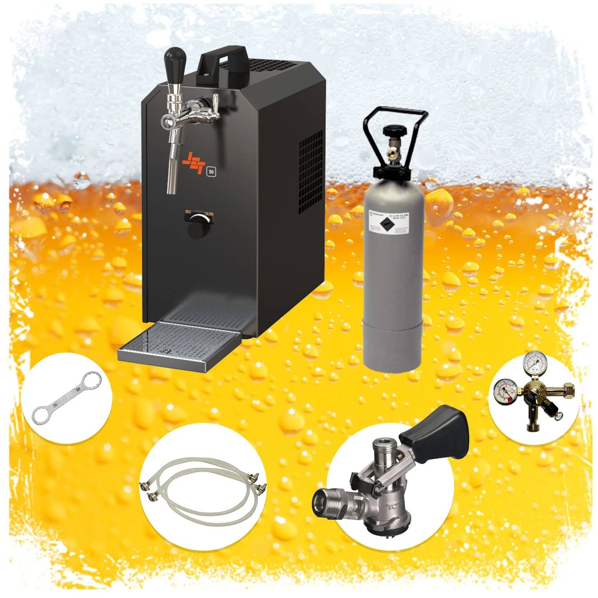 Tragbarer Fassbierausschank mit Zapfhahn und Auffangwanne neben einer CO2-Flasche, gezeigt mit mitgelieferten Fassanschlüssen und Schlauchzubehör.