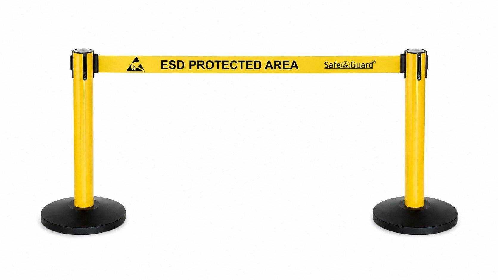 Gurtabsperrpfosten 2er-Set „ESD PROTECTED AREA“ mit 5 m Gurtband, gelb, 96 cm