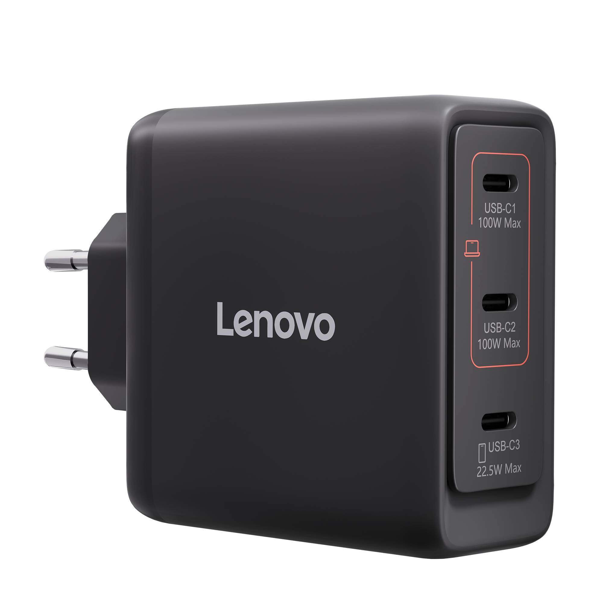 Lenovo Wandladegerät mit EU-Stecker und drei USB-C-Anschlüssen, gekennzeichnet mit USB-C1 und USB-C2 100W max, USB-C3 22,5W max.