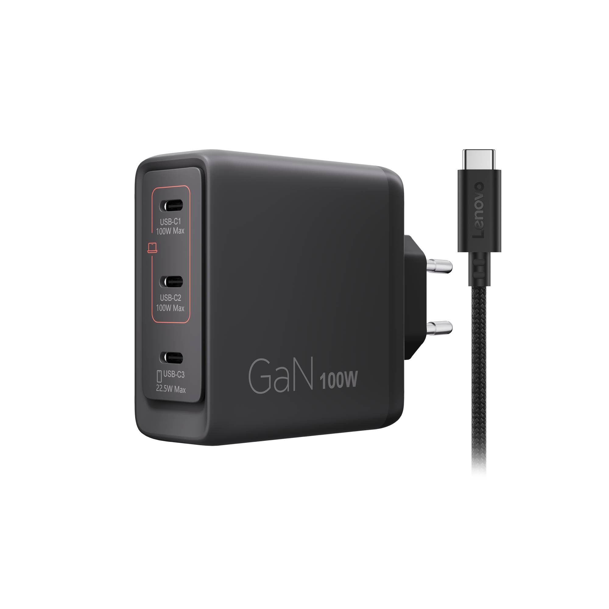 Schwarzes 100-W-GaN-Wandladegerät mit drei USB-C-Anschlüssen und einem daneben abgebildeten USB-C-Kabel.