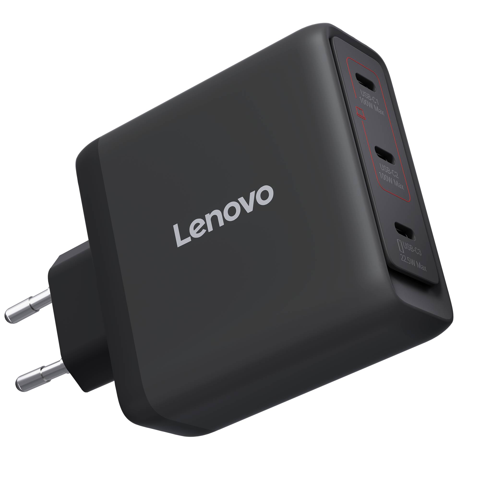 Schwarzes Lenovo-Wandladegerät mit zwei Steckern und drei USB-C-Anschlüssen, schräg auf schwarzem Hintergrund dargestellt.