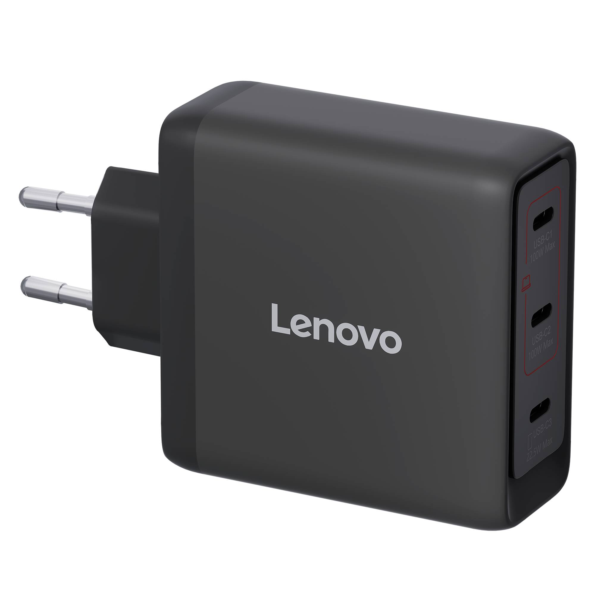 Lenovo-Wandladegerät mit zweipoliger Steckdose und drei USB-C-Anschlüssen auf schwarzem Hintergrund.