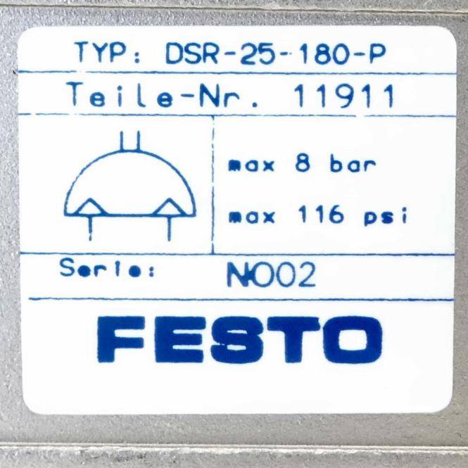 Festo-Ausrüstungsetikett zeigt Typ 'DSR-25-180-P', Teilenummer '11911', maximaler Druck 8 bar/116 psi, Seriennummer 'N002
