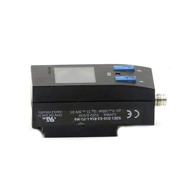 Schwarzer tragbarer digitaler Messsensor mit kleinem Display und zwei blauen Tasten, auf weißem Hintergrund dargestellt.
