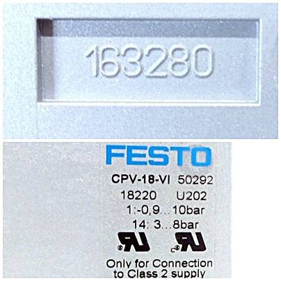 Nahaufnahme eines FESTO CPV-18-VI Geräteschildes mit der Teilenummer 163280, Modell 50292, Druckangaben 0,9–10 bar und 3–8 bar sowie Sicherheitszertifizierungszeichen.