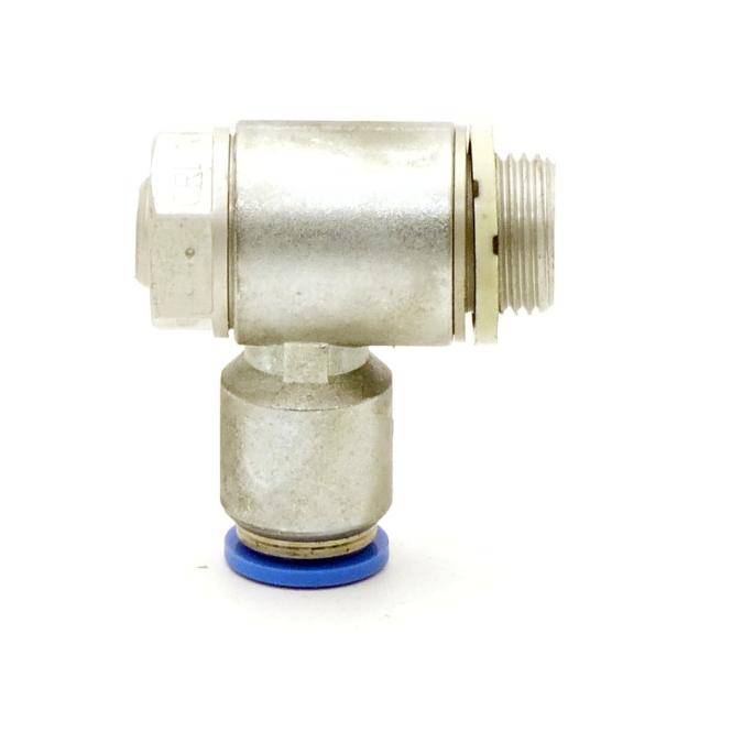 Pneumatisches Metallwinkelfitting mit Gewindeanschluss an der Seite und blauer Grunddichtung, gezeigt auf weißem Hintergrund.