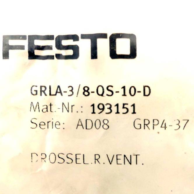 Festo-Etikett mit Modell GRLA-3/8-QS-10-D, Materialnummer 193151, Serie AD08, Code GRP4-37 und Text „DROSSEL.R.VENT.