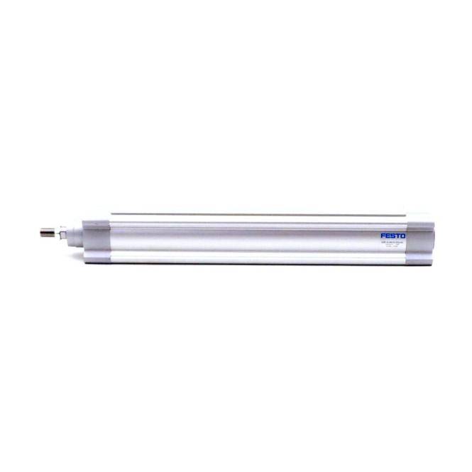Silber pneumatischer Zylindertreiber mit Festo-Logo, horizontal auf weißem Hintergrund dargestellt.