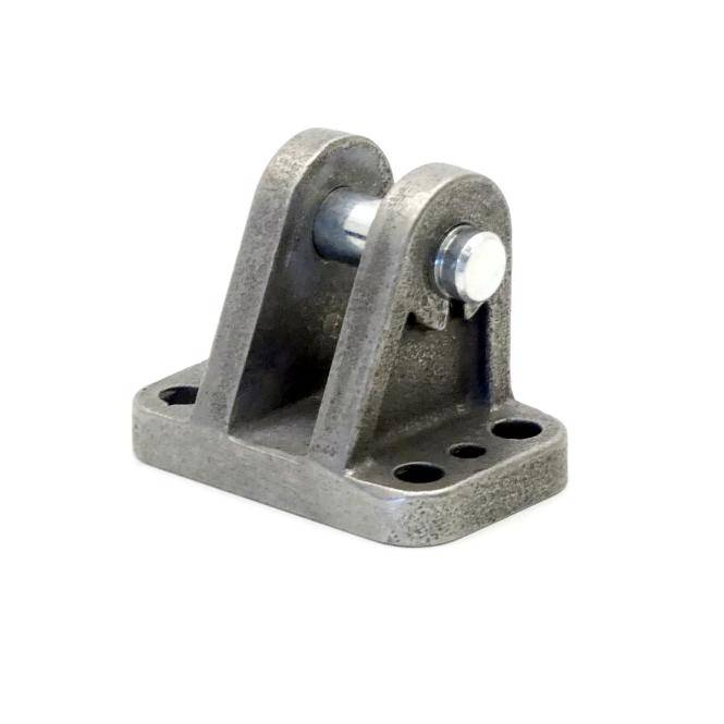 Metallhalterungswinkel mit zwei aufrechten Ösen und einer Drehbolzen, gezeigt auf weißem Hintergrund.