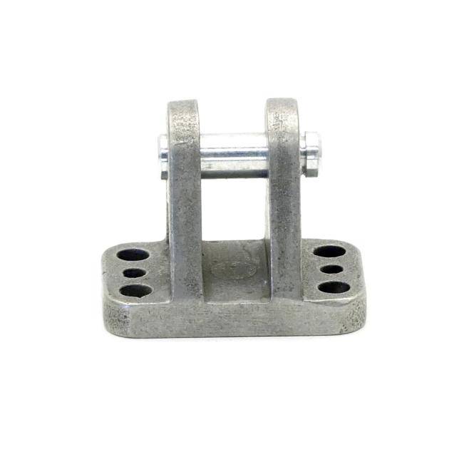 Metallisches Scharnierblech mit einer Grundplatte und zwei aufrechten Armen, die durch einen Stift verbunden sind, isoliert auf weißem Hintergrund dargestellt.