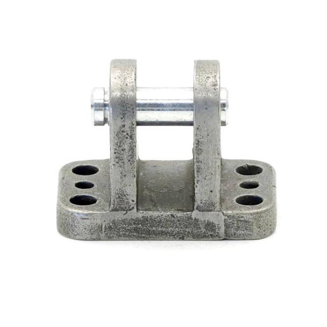 Metallisches Scharnierbracket mit zwei aufrechten Laschen, einer Schraube und einer Grundplatte mit Schraubenlöchern.