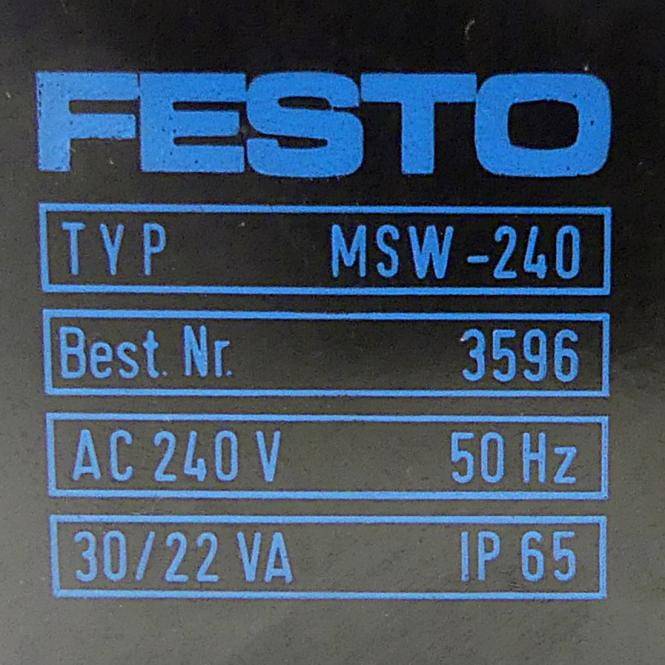 Festo-Ausrüstungsetikett mit Typbezeichnung MSW-240, Best.-Nr. 3596, AC 240V, 50 Hz, 30/22 VA, IP65.