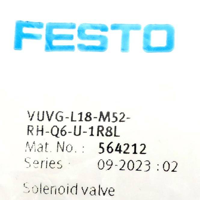 Festo-Magnetventil-Etikett mit Modell VUVG-L18-M52-RH-Q6-U-1R8L, Materialantummer 564212, Serie 09-2023:02.
