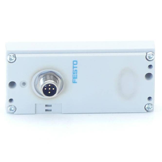 Weißes FESTO-Industriegerätemodul mit kreisförmigem Mehrpol-Stecker und Befestigungsschrauben auf einem einfachen Hintergrund.