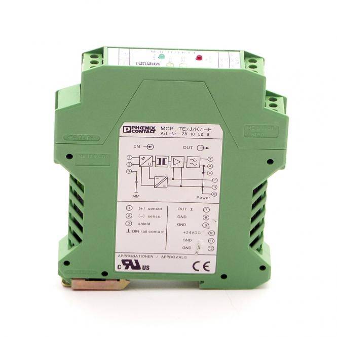 Grünes Phoenix Contact Elektronikschnittstellenmodul mit Anschlussklemmen-Beschriftungen und Schaltschema auf der Vorderseite.