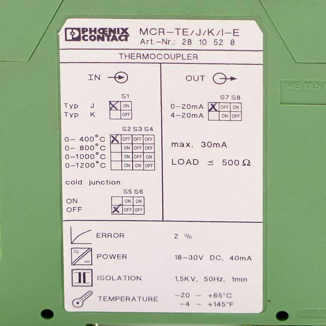 Nahaufnahme eines Phoenix Contact Thermoelement-Etiketts mit Konfigurationsschaltern für Typ J/K, Temperaturbereiche, Ausgabeeinstellungen und Verdrahtungsspezifikationen.