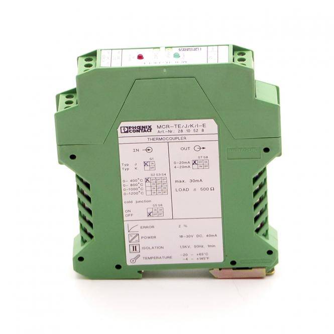 Grünes Phoenix Contact Thermoelement-Signalwandler-Modul mit gekennzeichneter Frontplatte und Anschlüssen.