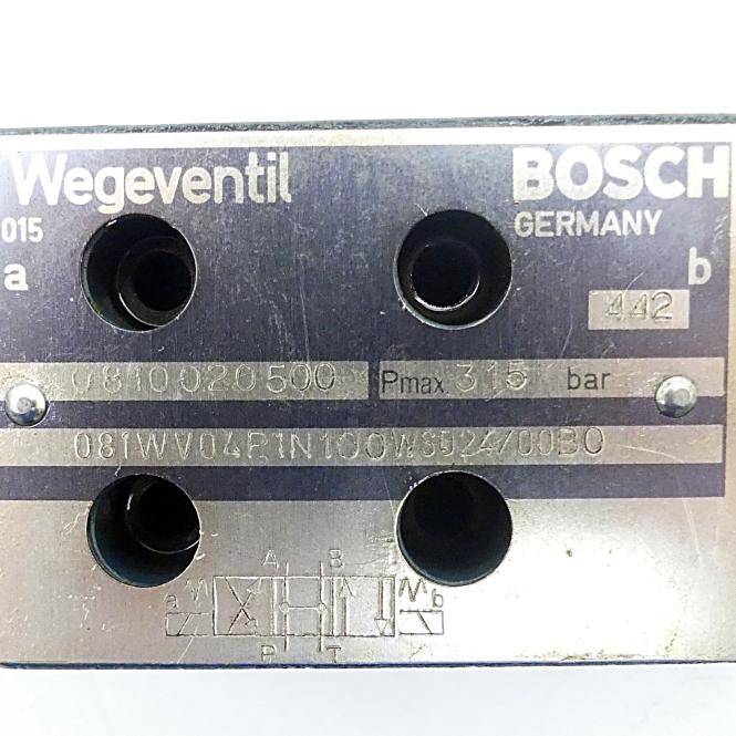 Bosch Wegeventil-Typenschild mit vier Anschlussöffnungen, Modellnummer 0810020500 und maximaler Druck 315 bar.