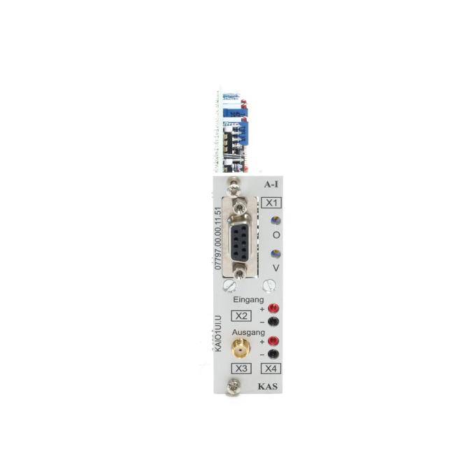 Industrielles Schnittstellenmodul mit DB9-Stecker, gekennzeichnet mit X1-X4, Ein-/Ausgangsanzeigen und deutschen Bezeichnungen „Eingang