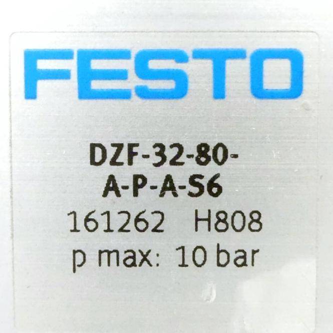 Kennzeichnung auf einem Festo-Gerät mit Modell „DZF-32-80-A-P-A-S6", Code 161262 H808 und maximalem Druck „p max: 10 bar"".