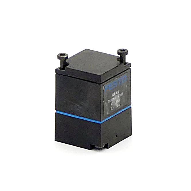 Schwarzes rechteckiges elektrisches Bauteil mit zwei oberen Anschlüssen und einem blauen Streifen auf weißem Hintergrund.