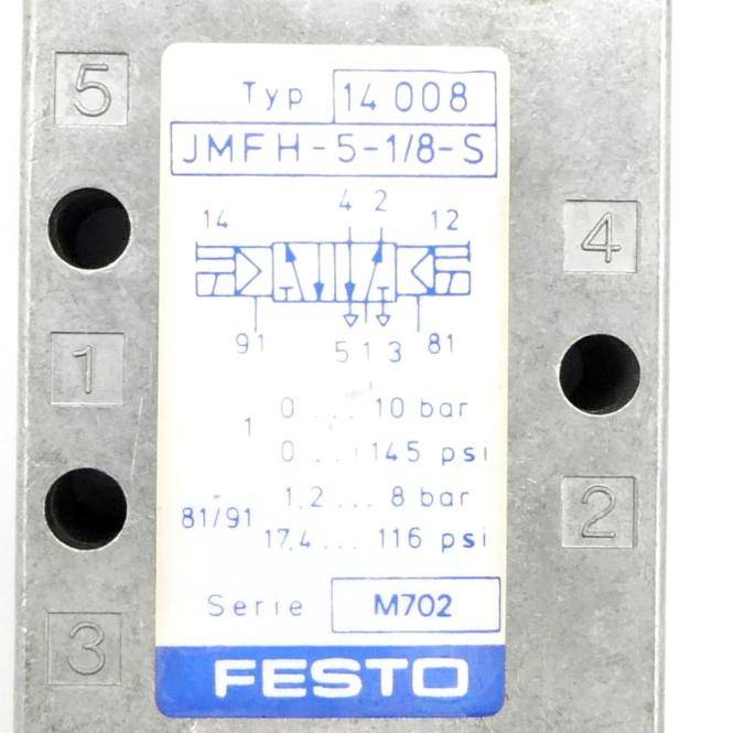 Festo Pneumatikventil-Typenschild mit Typ 14008, Modell JMFH-5-1/8-S, Serie M702, mit Anschlussbezeichnungen und Druckangaben.