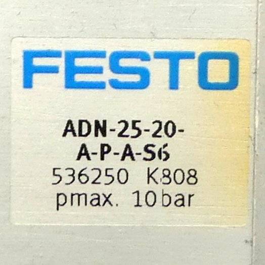 FESTO-Produktetikett mit Modell „ADN-25-20-A-P-A-S6", Teilenummer 536250 K808 und maximalem Druck 10 bar.