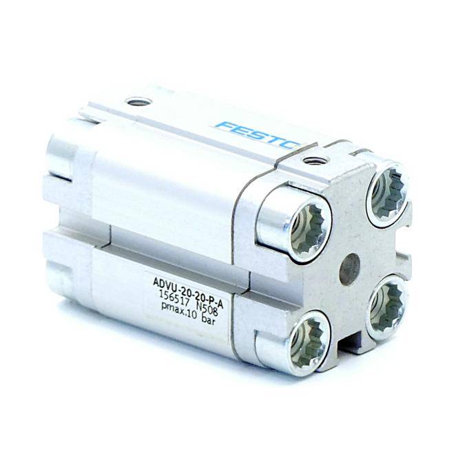 Silberner FESTO Pneumatikventilaktuator mit vier Gewindeanschlüssen und bedrucktem Modell „ADVU-20-20-P-A
