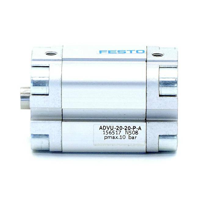 Festo-Pneumatikzylinder mit Bezeichnung "ADVU-20-20-P-A"", maximaler Druck 10 bar, auf weißem Hintergrund dargestellt.